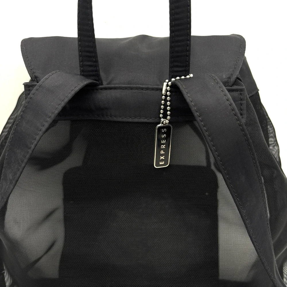 Vintage 00s Y2K EXPRESS Black Nylon See-through Mesh Drawstring Backpack 13x11
